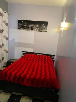 a red bed in a room with a picture on the wall at maison des corbieres in Conilhac-Corbières