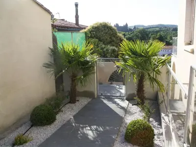 a walkway with palm trees in front of a building at Appartement Le Saint Nazaire - Les Balcons de la Cité in Carcassonne