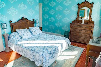 a bedroom with a bed and a dresser and a mirror at La Maison des Palmiers in Homps