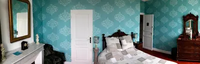 a bedroom with a bed and a mirror and blue walls at La Maison des Palmiers in Homps