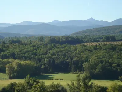 a view of a valley with trees and mountains at Gîte du Tarbésou in Régat
