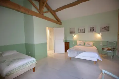 a bedroom with two beds in a room with green walls at CHAMBRE D’HÔTES NATURE ET SAVEURS in Boutenac