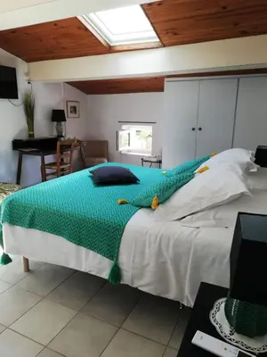 a bedroom with a bed with a green comforter at atmosphere in Poilhès