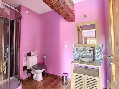 a pink bathroom with a toilet and a sink at GITES STE CATHERINE in Teyssode