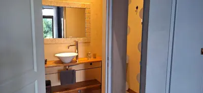 a bathroom with a sink and a mirror at Château La Sabine in Saint-Laurent-de-la-Cabrerisse