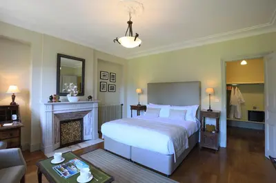 a bedroom with a large bed and a fireplace at La Villa de Mazamet in Mazamet