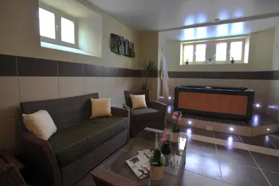 a living room with a couch and a tv at La Villa de Mazamet in Mazamet