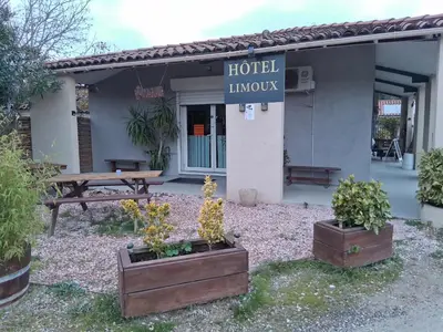 a hotel entrance with two potted plants in front of a building at Hotel Motel Limoux in Limoux