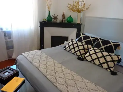 a bed with two pillows and a fireplace in a room at La Maison narbonnaise in Narbonne