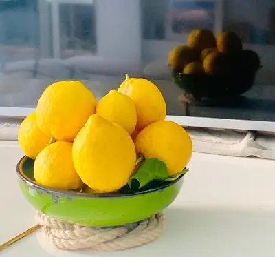 a green bowl filled with lemons on a table at La Maison narbonnaise in Narbonne