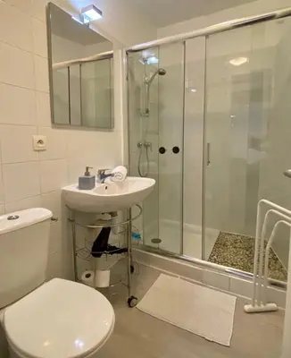 a bathroom with a toilet and a shower and a sink at Appartements Pech Mary in Carcassonne