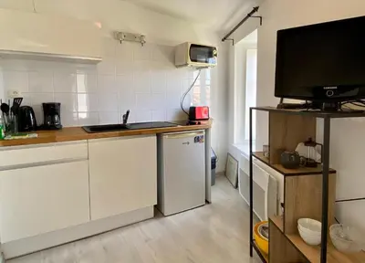 a kitchen with a sink and a tv on the wall at Appartements Pech Mary in Carcassonne
