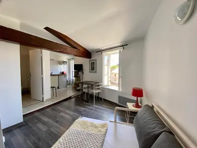a living room with a couch and a table at Appartements Pech Mary in Carcassonne