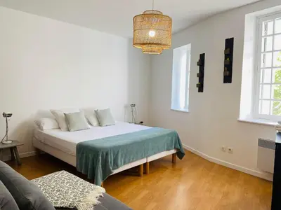 a bedroom with a bed with a green blanket at Appartements Pech Mary in Carcassonne