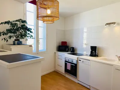 a kitchen with white appliances and a potted plant at Appartements Pech Mary in Carcassonne