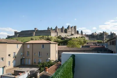 a view of a city with a castle in the background at Maison Borrel in Carcassonne
