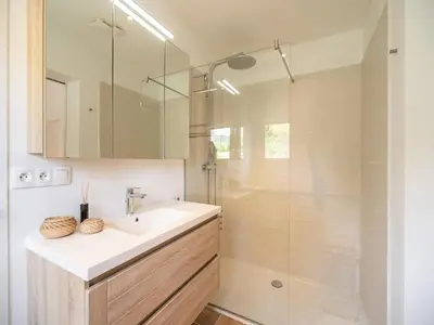 a bathroom with a sink and a shower at Villa in Pouzols with Private Pool & Vineyards in Pouzols-Minervois