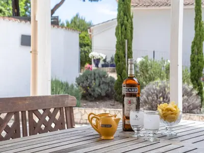 a bottle of alcohol and two glasses on a table at Villa in Pouzols with Private Pool & Vineyards in Pouzols-Minervois