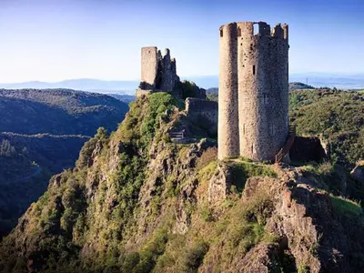 two castles sitting on top of a mountain at Luxury villa with private pool in Cesseras in Cesseras