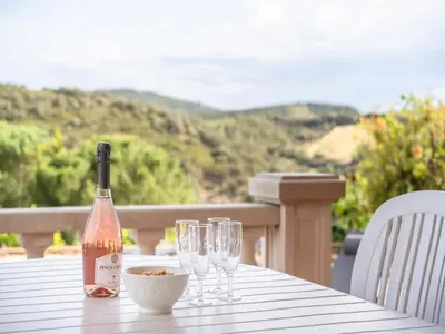 a bottle of wine sitting on a table with wine glasses at Hillside Retreat in Roquebrun in Roquebrun