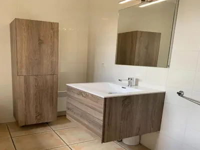 a bathroom with a sink and a mirror at Villa near Carcassonne with Heated Pool in Félines-Minervois