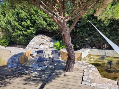 a tree sitting next to a pond with a house at 15min de la Cité de Carcassonne dans petit village, chambre au calme, petit-déjeuner et jacuzzi en supplément in Carcassonne