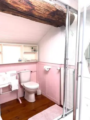 a pink bathroom with a toilet and a sink at Chez Providence Chambres et Table d'Hôtes in Cuxac-Cabardès