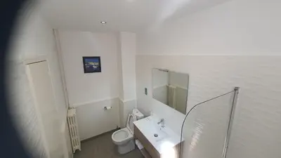 a bathroom with a toilet and a sink and a mirror at Hôtel L'Alsace in Narbonne