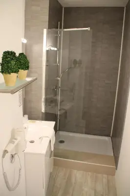 a bathroom with a shower and a toilet and a sink at Hôtel Rivière in Castres