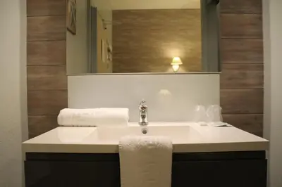 a bathroom with a sink and a mirror at Hôtel Rivière in Castres