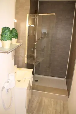 a bathroom with a shower and a sink at Hôtel Rivière in Castres