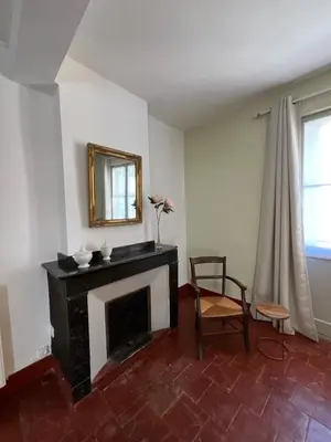 a living room with a fireplace and a mirror at Le Clos Saint Michel in Carcassonne
