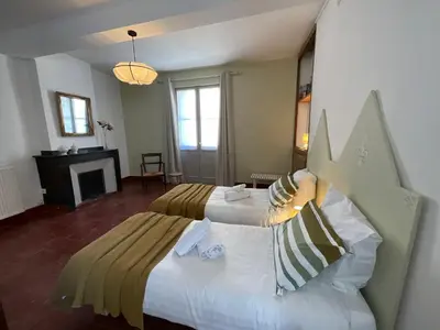 a bedroom with two beds and a fireplace at Le Clos Saint Michel in Carcassonne