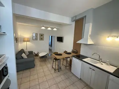 a kitchen and living room with a couch and a table at Le Clos Saint Michel in Carcassonne