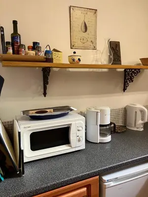 a microwave sitting on top of a kitchen counter at L'Ecurie in Paziols