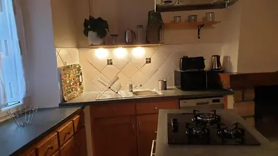 a kitchen with a stove top oven next to a sink at LE CLOS DES COLVERTS in Campagne-sur-Aude