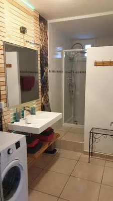 a bathroom with a sink and a washing machine at LE CLOS DES COLVERTS in Campagne-sur-Aude