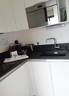 a kitchen with a sink and a microwave at Les Suites du Saint Nazaire, vue panoramique sur la Cité Médiévale - Les Balcons de la Cité in Carcassonne