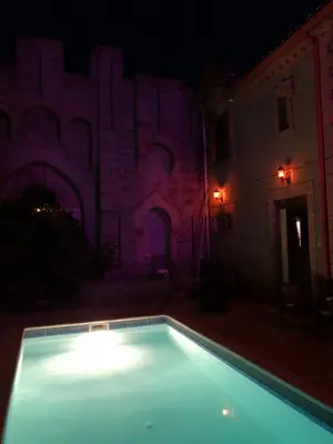 an empty swimming pool in front of a building at night at Chateau Marcel in Cesseras