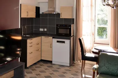 a kitchen with a white refrigerator and a stove at Chateau Marcel in Cesseras