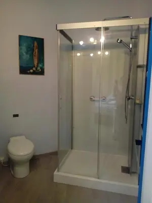 a bathroom with a glass shower with a toilet at Chambre indépendante à Carcassonne in Carcassonne