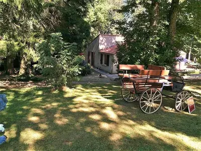 a horse drawn carriage parked in a yard at Studio duplex 2 Lac des Montagnès in Mazamet