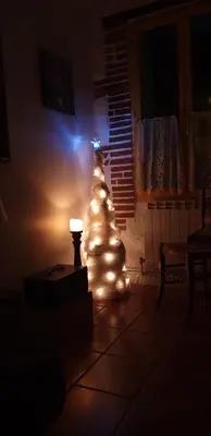 a christmas tree in a dark room with a light at Chambres d'Hôtes et Gîtes- L'Abri sous Roche in Tautavel