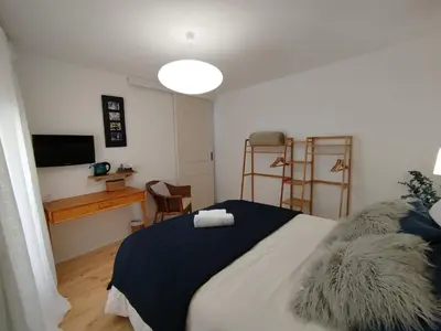 a bedroom with a large bed and a television at Chambres d'Hôtes et Gîtes- L'Abri sous Roche in Tautavel