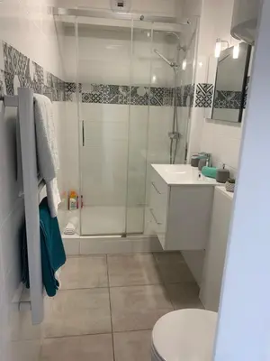 a bathroom with a shower and a toilet and a sink at LE MONICA in Narbonne