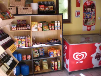 a food store with a display of food and a refrigerator at Chalet et mobil homes dans la montagne au Camping les Sapins in Camurac