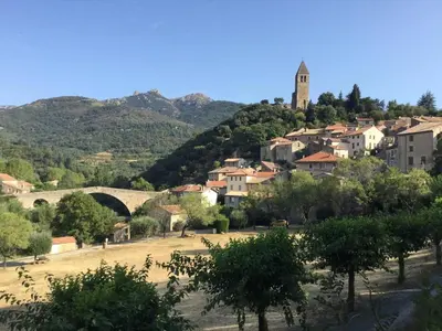 a small village with a bridge and a hill at Le Diable par la queue in Olargues