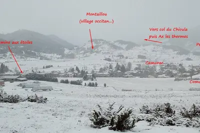 a group of people skiing down a snow covered slope at la Chaumine aux étoiles in Camurac