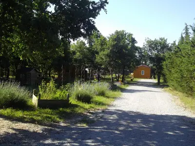a dirt road with trees and a barn in the distance at Chalet 4 personnes in Montolieu