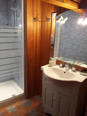 a bathroom with a sink and a shower and a mirror at ETAPE DE ST COUAT in Saint-Couat-dʼAude